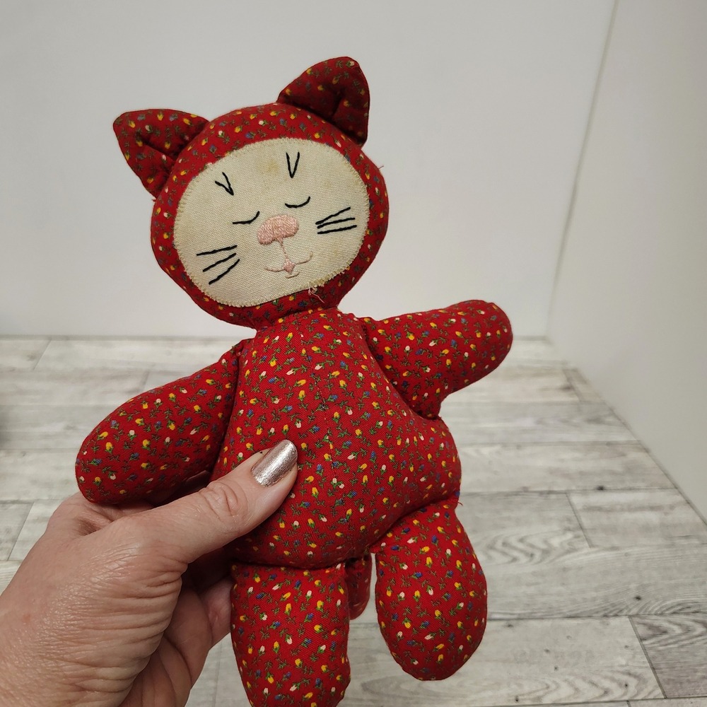 Handmade Cat Plush Doll Stuffed Animal‎ Toy Red Floral Print Vtg Folk Art Decor